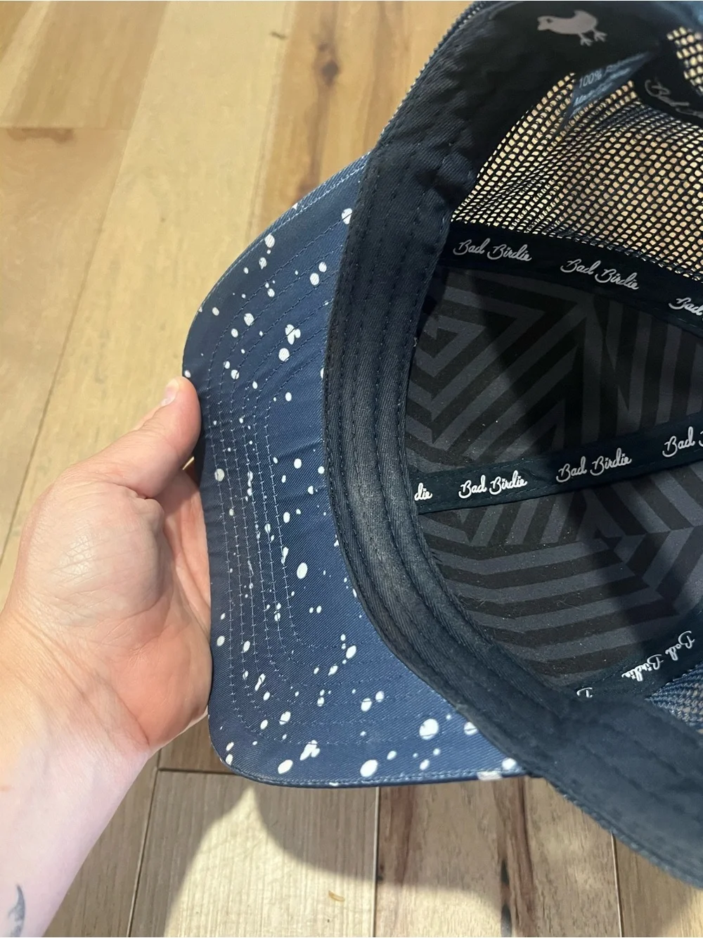 Bad Birdie Golf Hat Blue White Paint Splatter Trucker Snapback Cap Mesh Back